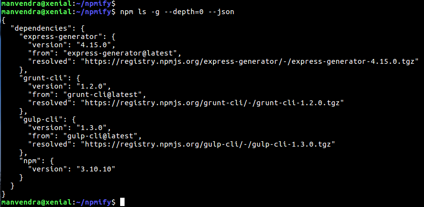 npm ls depth 0 json