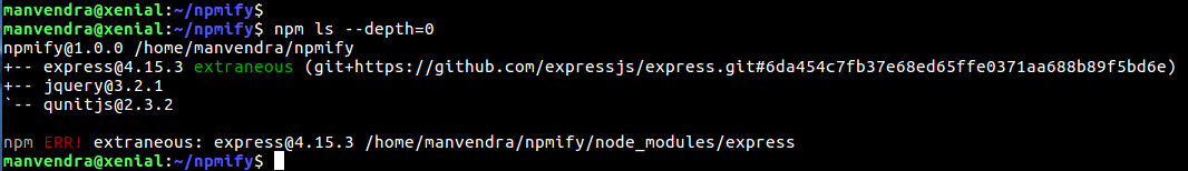 npm ls depth 0 extraneous